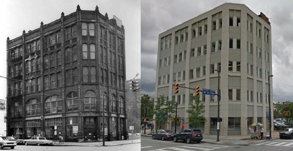 Then and now pictures of the Gilman Building in downtown Cleveland, with the then picture from 1964 before it was modernized.