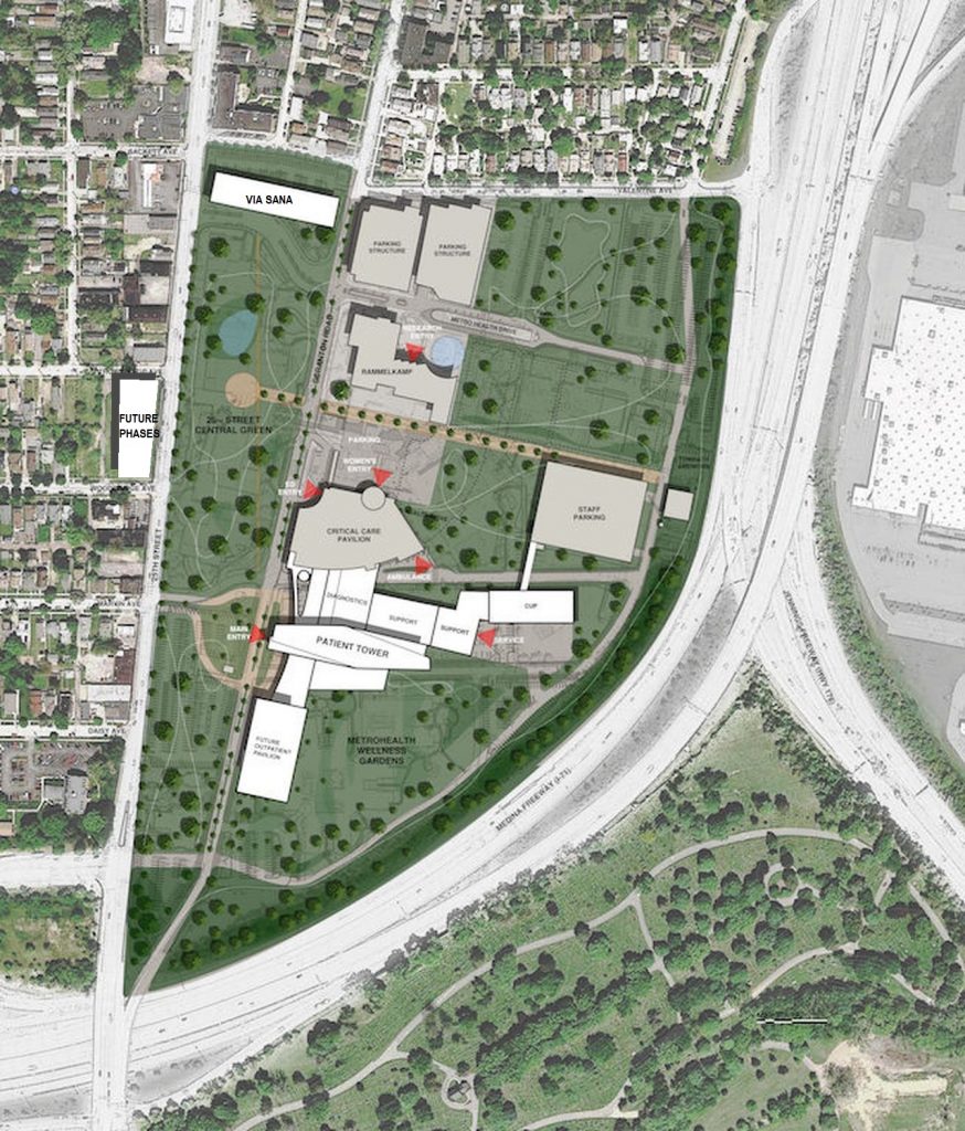 Development masterplan for the new MetroHealth System's main campus with West 25th Street along the left side