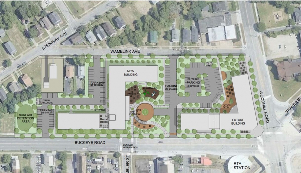 Site plan for the Woodhill Station transit-oriented development along Buckeye Road in Cleveland.