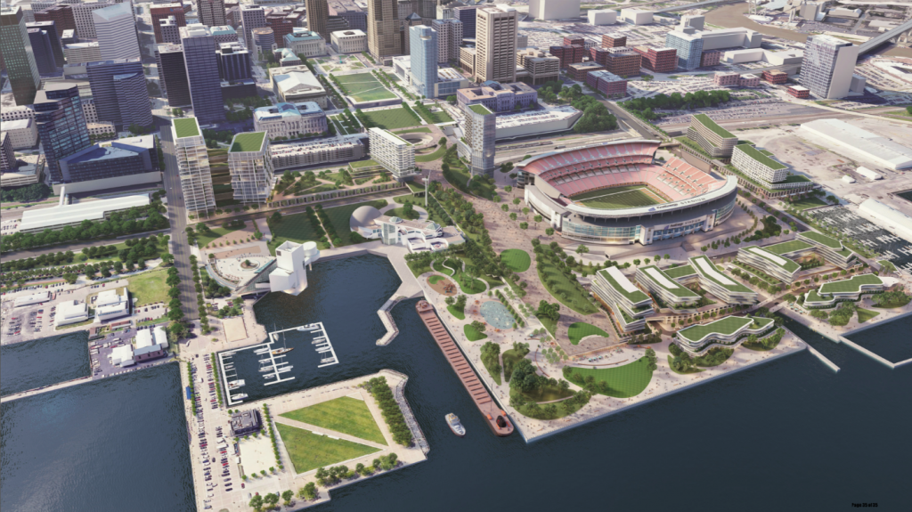 Proposed lakefront development surrounding FirstEnergy Stadium on the downtown Cleveland lakefront.