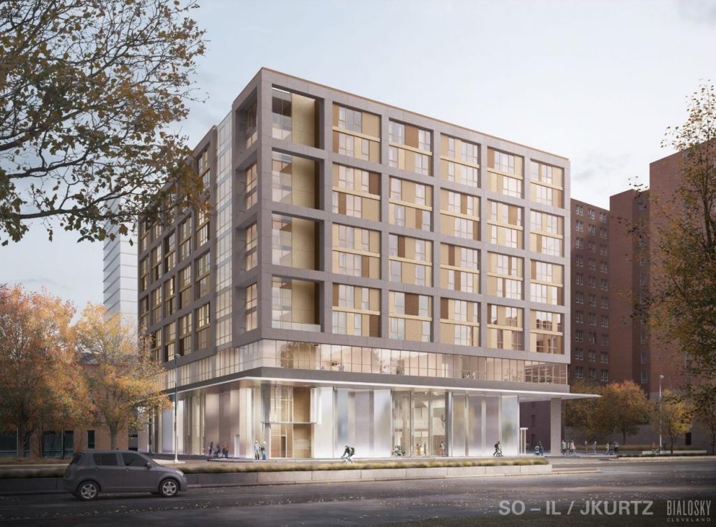 the 11-story Library Lofts designed to look like bookshelves