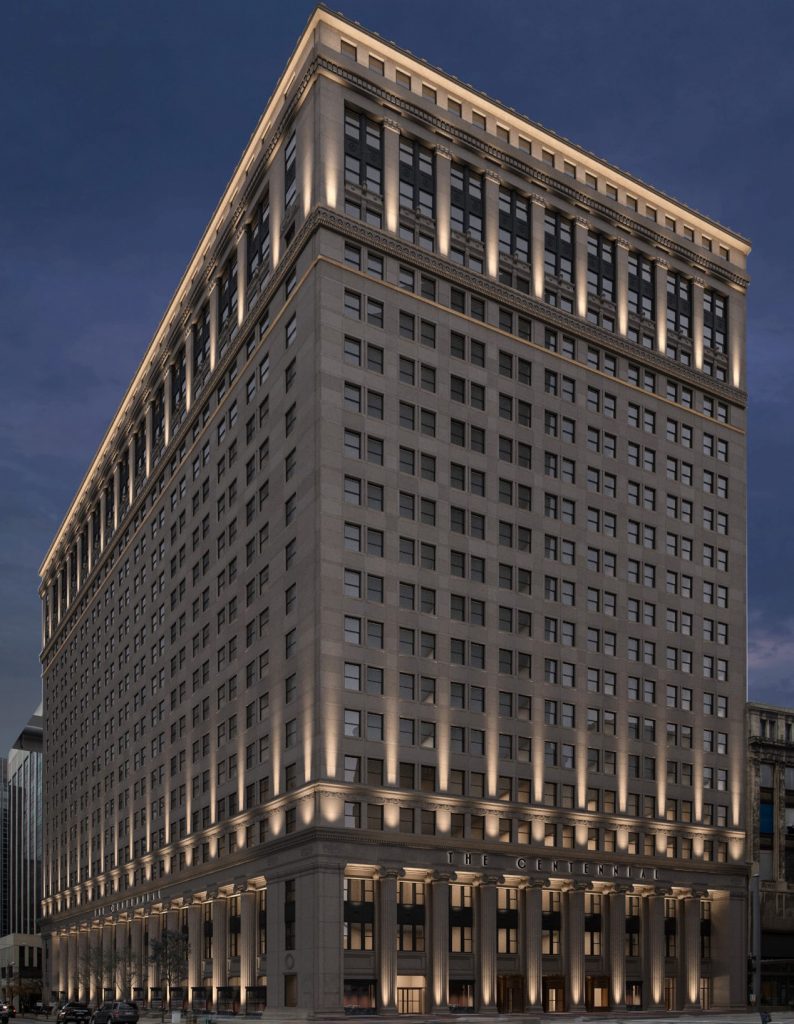 Lighting at night for the redeveloped Centennial in downtown Cleveland.