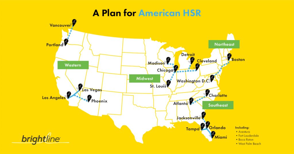 Where Brightline wants to run trains in the USA