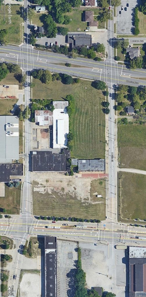 Overhead view in 2017 of the site where the Cleveland Innovation Center would rise