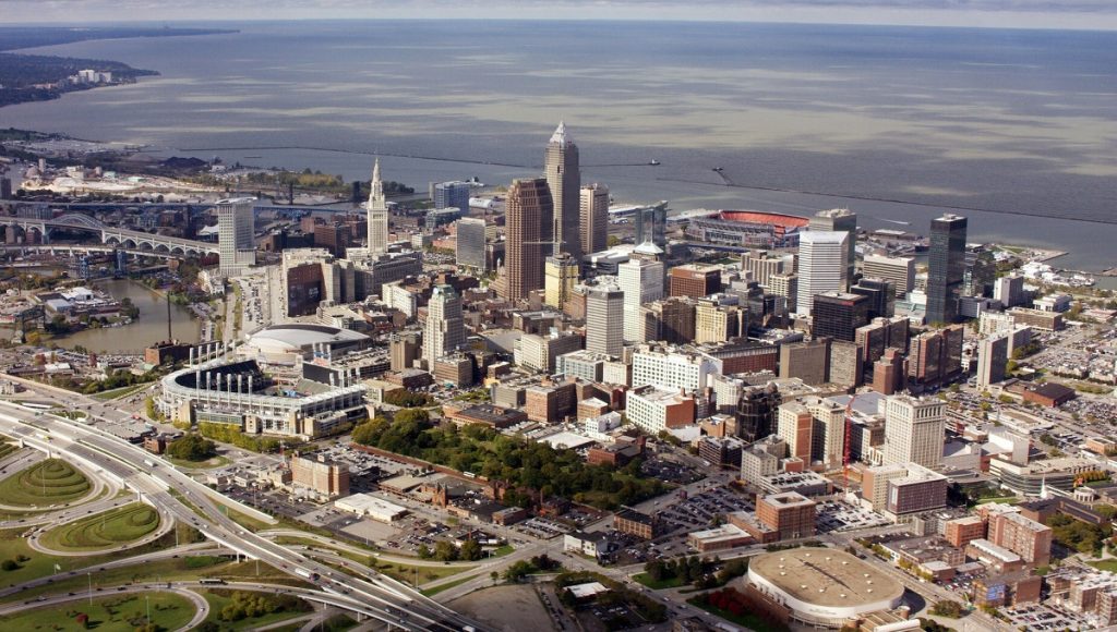 Downtown Cleveland's skyline from the air