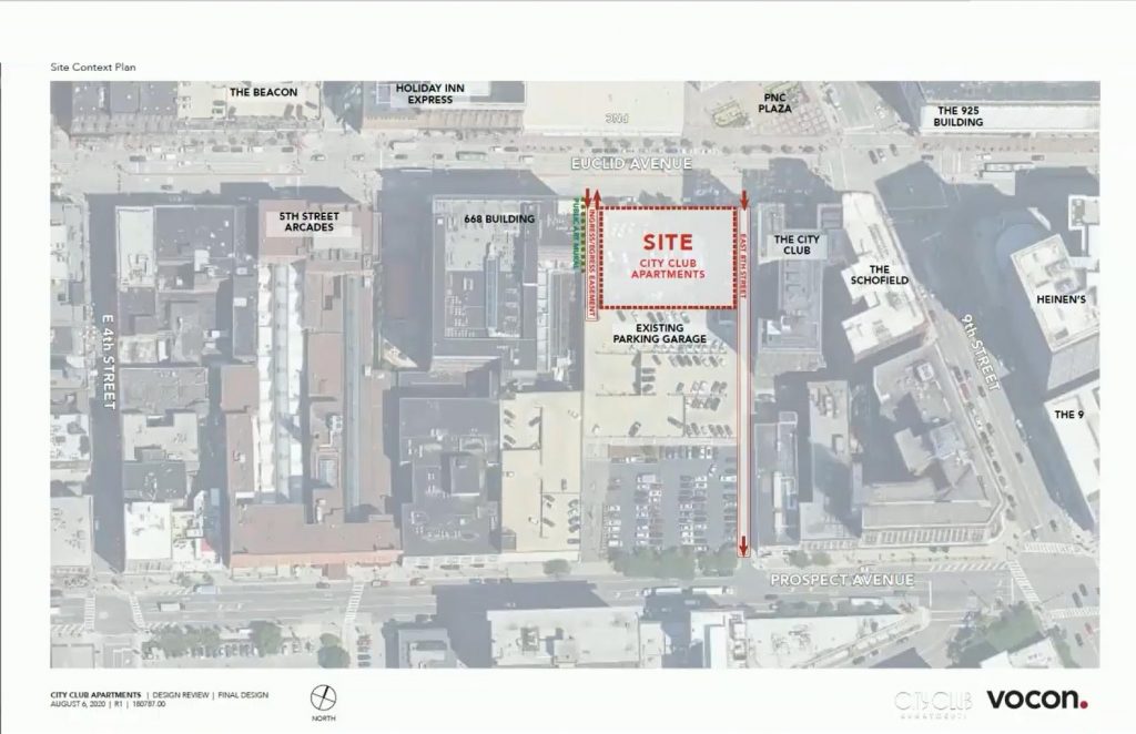 Location of the City Club Apartments site on Euclid Avenue in downtown Cleveland.
