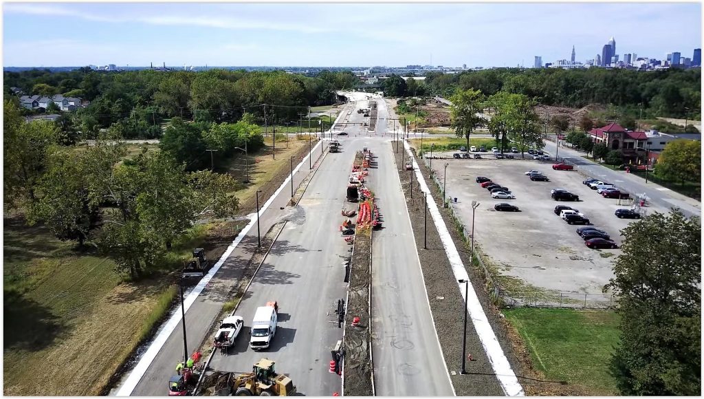 Opportunity Corridor at East 79th Street with downtown Cleveland in the distance.