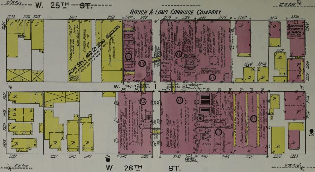 Sanborn Fire Insurance map of the Rauch & Lang Carriage Co. property in 1912.