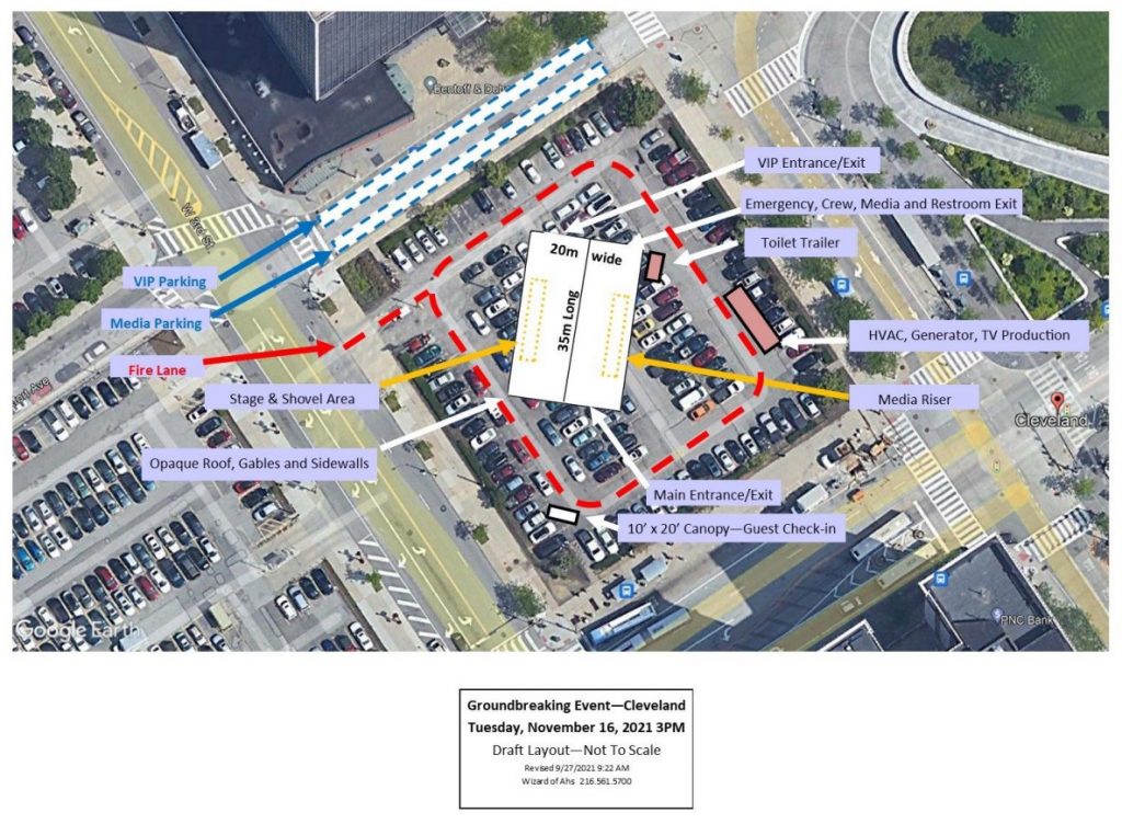 Site plan for the Sherwin-Williams HQ groundbreaking ceremonies and temporary facilities.