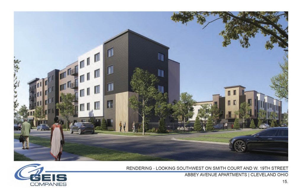 View looking southwest at the proposed Panzica-Geis apartment and townhouse development.