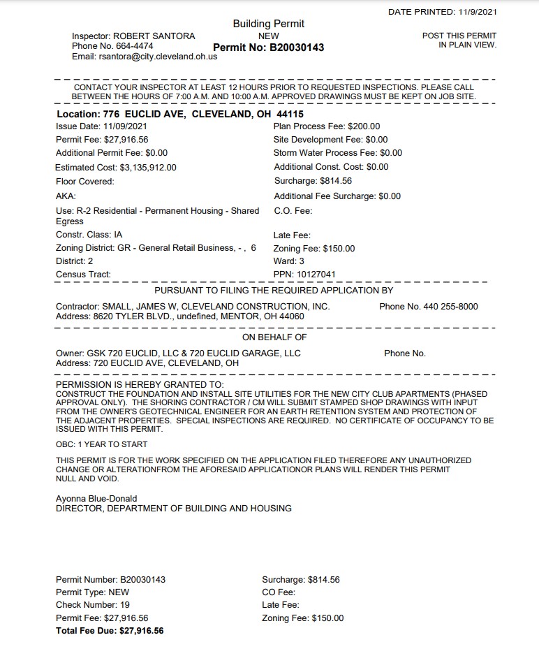 Construction permit for the foundation of the City Club Apartments tower.