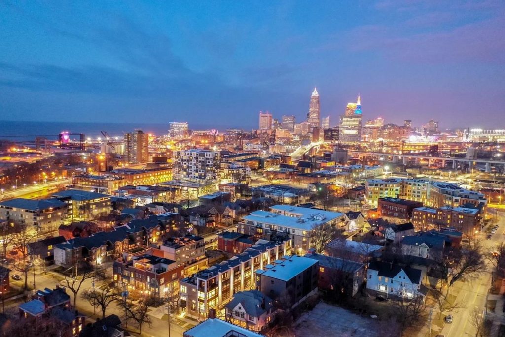 Bright lights of a warm city of Cleveland on a cold night in winter.