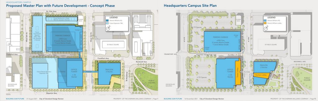 Sherwin-Williams' proposed headquarters site plans compared, with the one from the summer and the latest version.