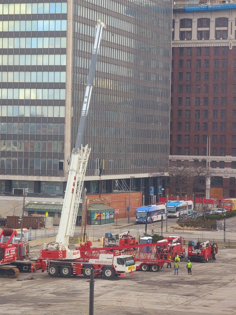 Setting up construction cranes for Sherwin-Williams new headquarters.