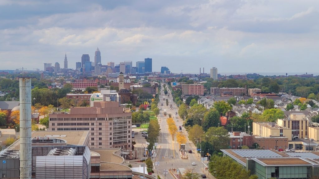 View of downtown Cleveland from the rooftops of Cleveland Clinic.