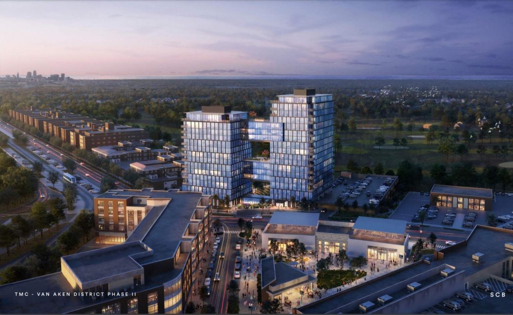 Two towers are planned in Shaker Heights at the east end of the RTA's light-rail Blue Line rapid transit, next to the Warrensville station.