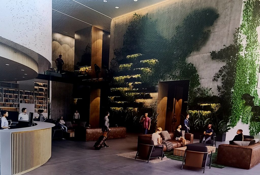 Rendering of 45 Erieview's lobby, post-renovation into a mixed use building.