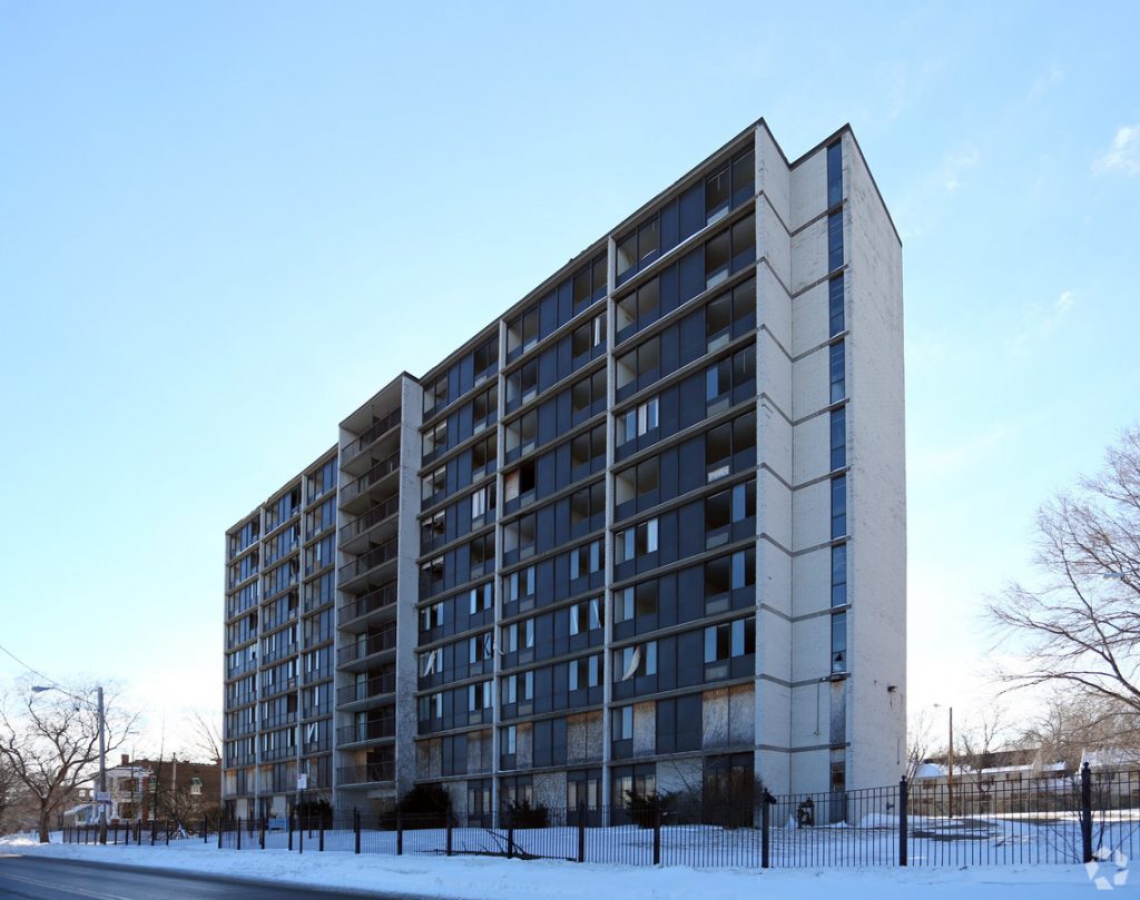 Cold and lonely is the former Kingsbury Apartments, also known as the Coventry Courts.