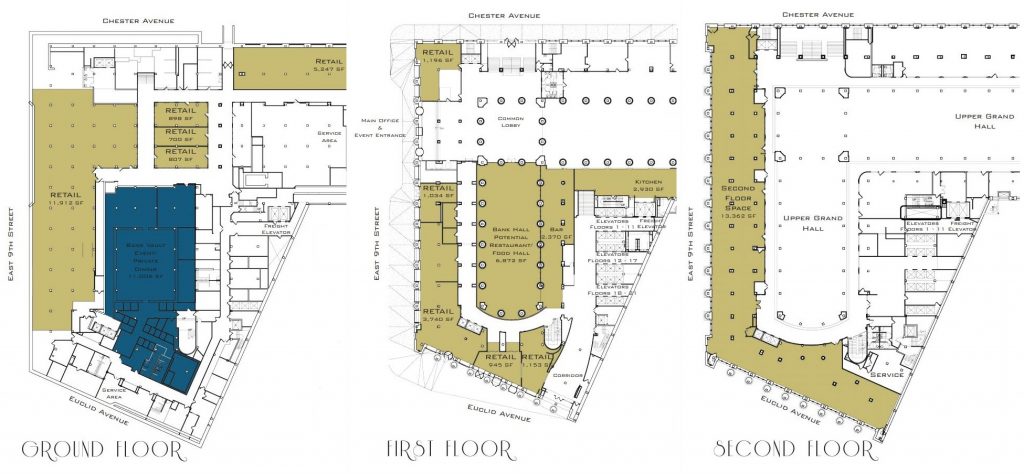 The Centennial's ground-, first- and second-level floor plans.