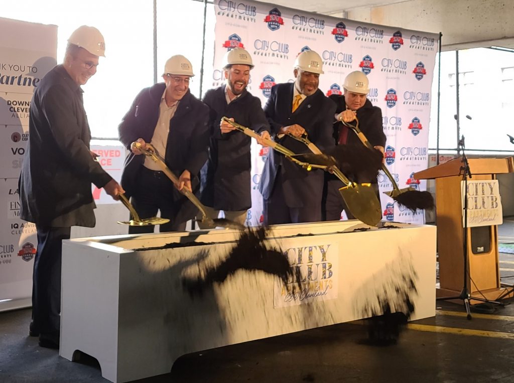 Dignitaries break ground Dec. 10, 2021 for the new City Club Apartments high rise in downtown Cleveland.