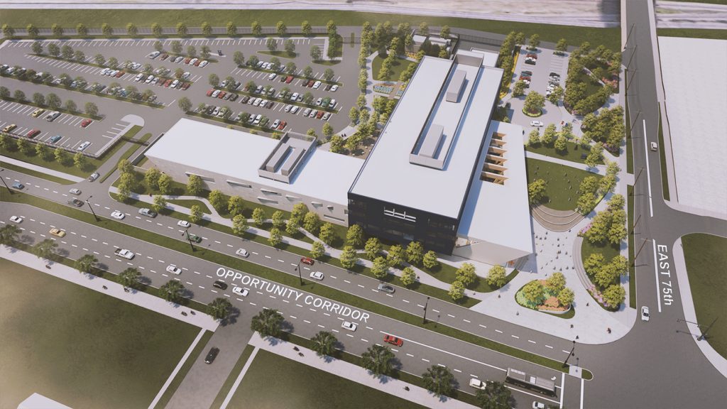 Aerial view rendering of police headquarters on Opportunity Corridor Boulevard at East 75th Street in the Kinsman neighborhood.