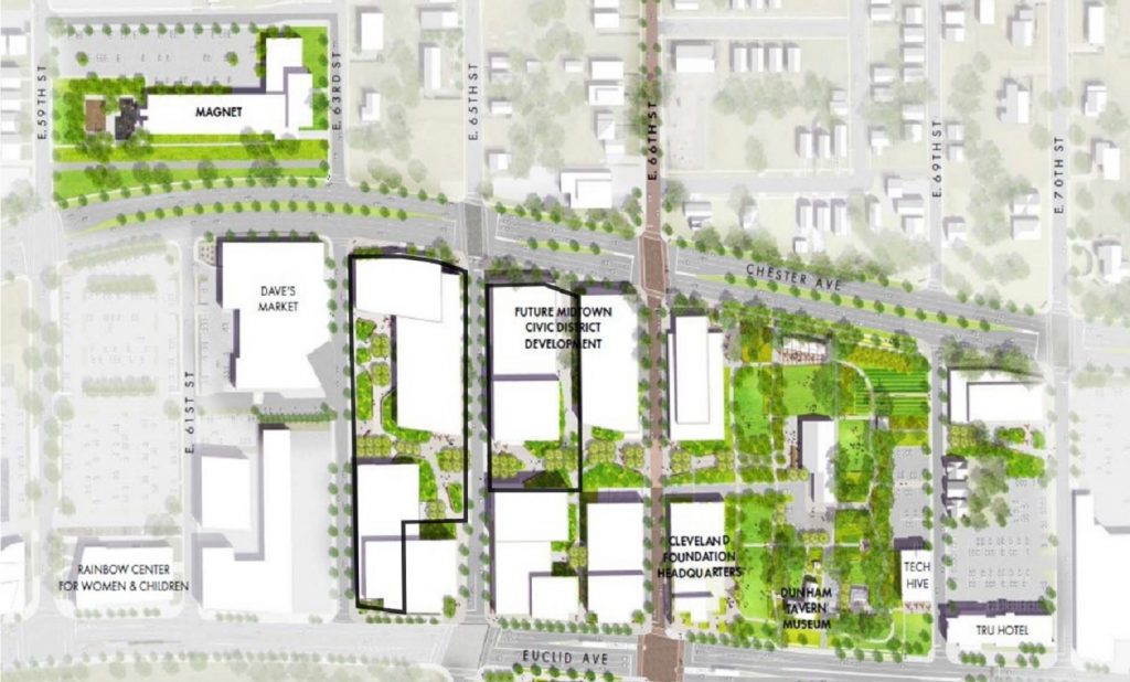 Site plan for the MidTown Cleveland Innovation District showing the demolition area.