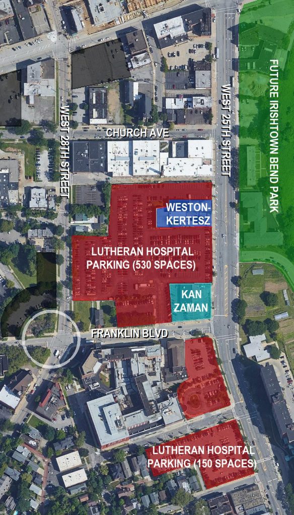 Overhead map of a part of Ohio City along West 25th Street including the Lutheran Hospital parking lots.