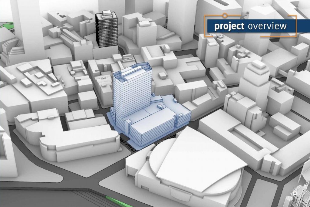 Stark Enterprises' last version of its proposed nuCLEus development in downtown Cleveland's Gateway District, near Rocket Mortgage Fieldhouse and Progressive Field.