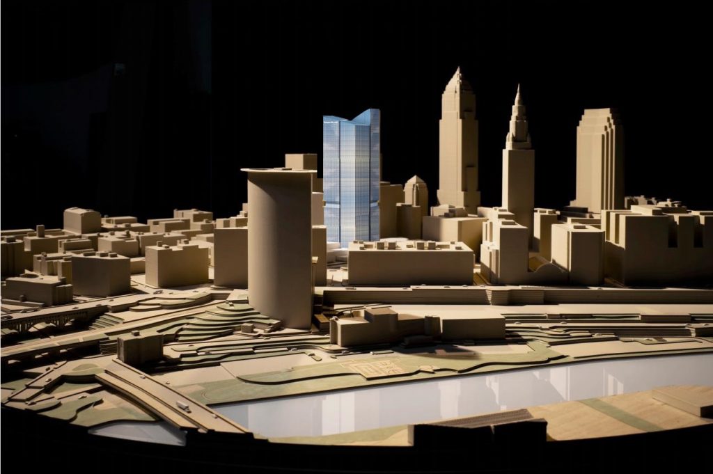 Model of the SHW HQ tower and other downtown Cleveland buildings to show the scale of the new skyscraper in relation to them.