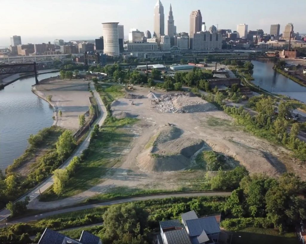 Aerial view of Scranton Peninsula along the Cuyahoga River and next to downtown Cleveland.