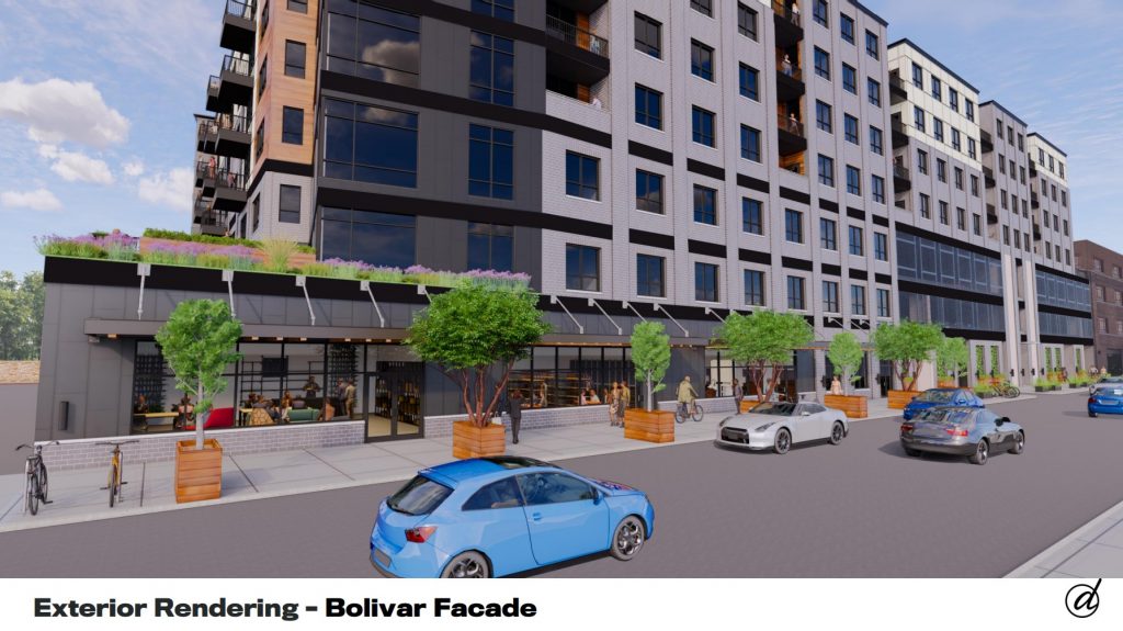 The Apartments At Bolivar will have a commanding street presence along Bolivar Road plus ground-floor retail with lots of glass along the sidewalk.
