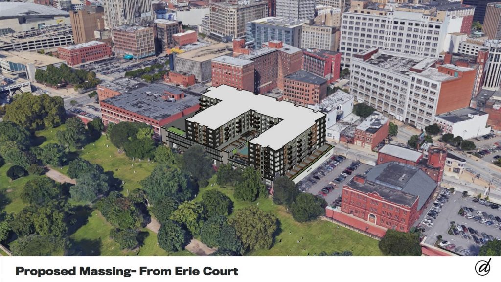 This is a proposed massing for The Apartments At Bolivar from the south side, above Erie Street Cemetery and Erie Court.