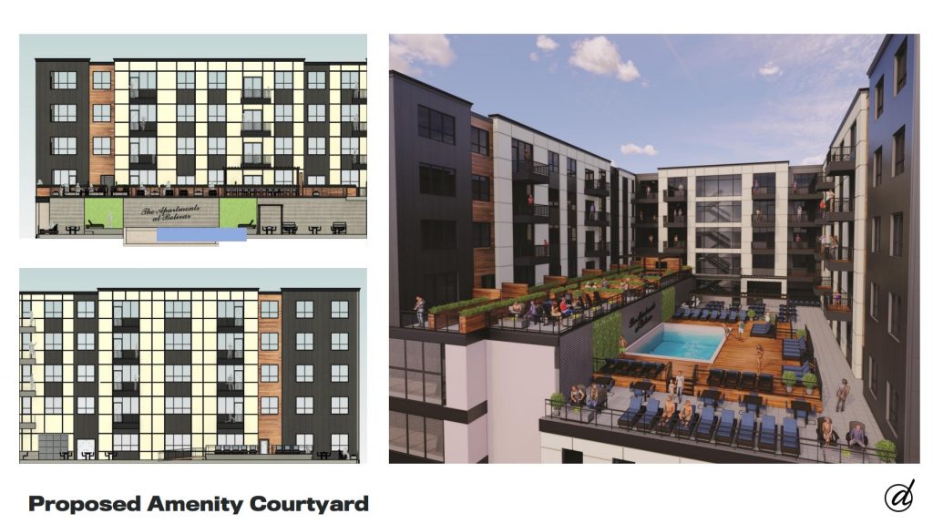 A private courtyard with a southern exposure is planned at The Apartments At Bolivar.