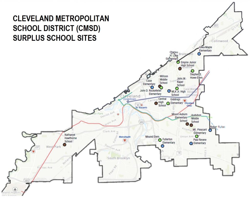 Map of where the surplus schools in Cleveland are located.