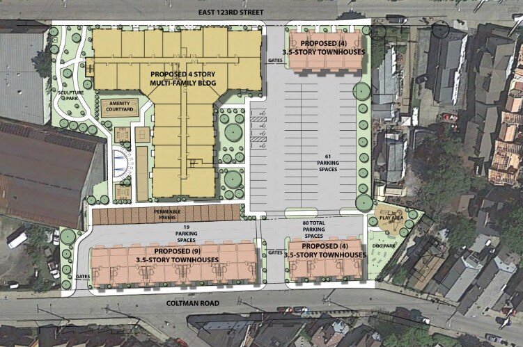 Site plan for the Woodhill-Coltman development between Coltman Road and East 123rd Street near University Circle.