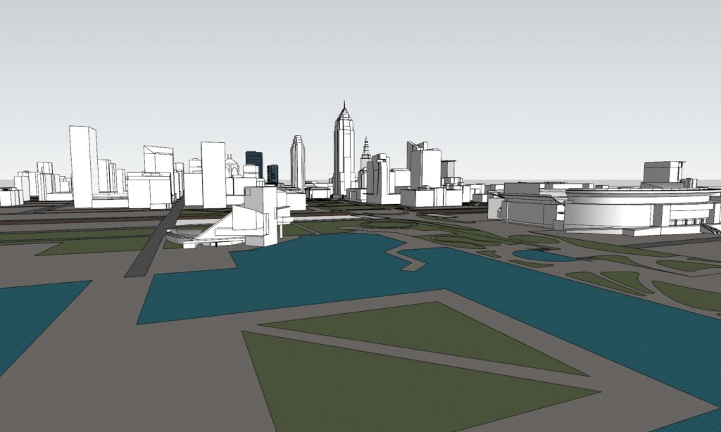 Downtown from North Coast Harbor and Lake Erie with Gateway megaproject.