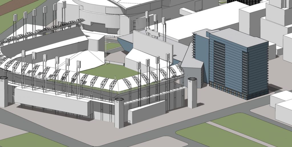 Conceptual rendering of ballpark village next to Progressive Field.