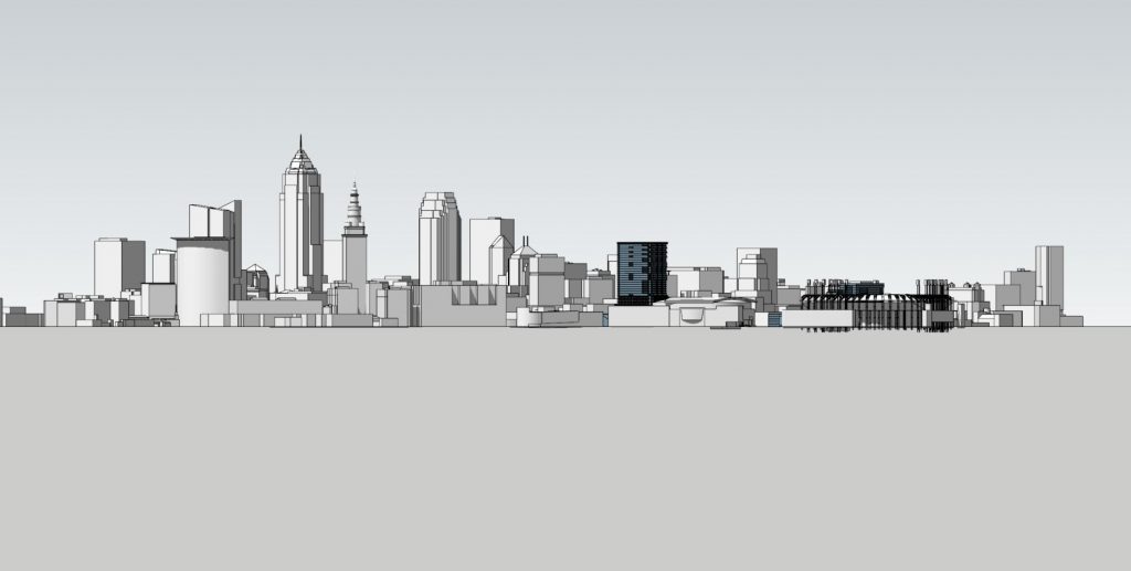 Conceptual rendering of skyline view of downtown Cleveland and new Gateway developments.