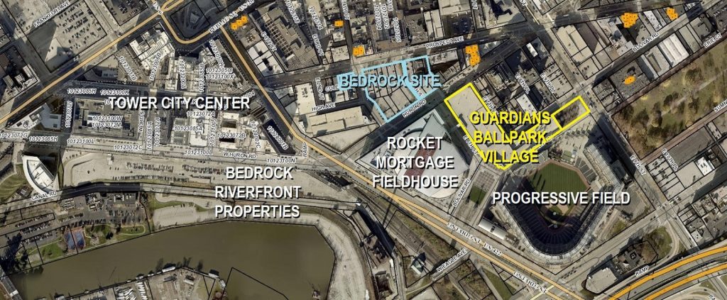 Map of Bedrock megaproject and the Guardians/HBSE ballpark village in downtown Cleveland.