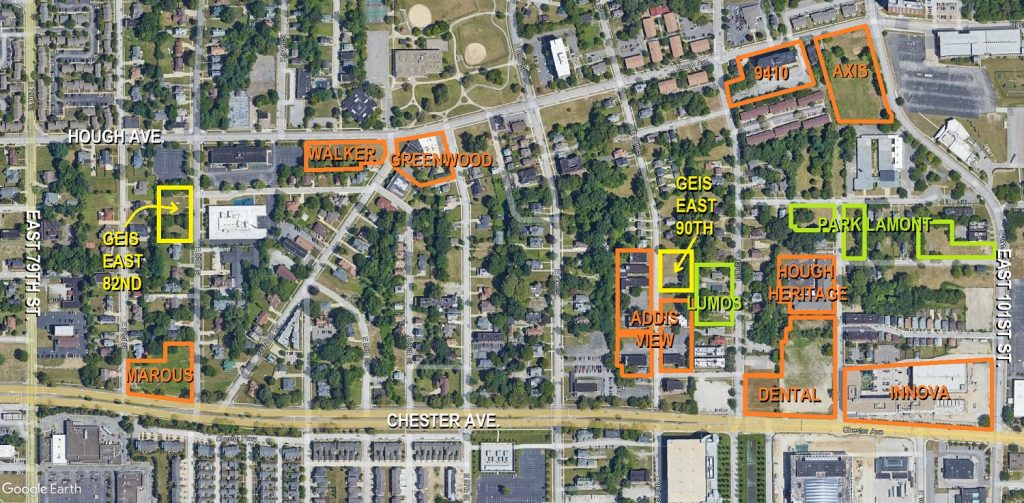 Map of the southeast corner of Cleveland's Hough neighborhood showing where all of the proposed developments including those by Geis Companies.