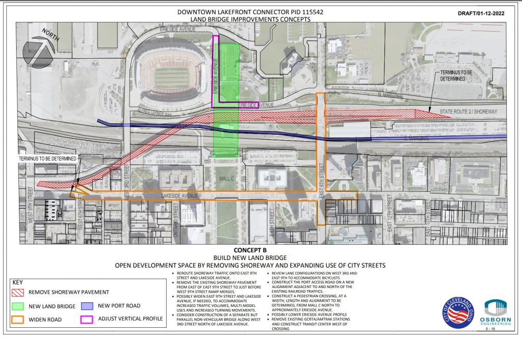 Landbridge Concept B removes the Shoreway to put traffic downtown.