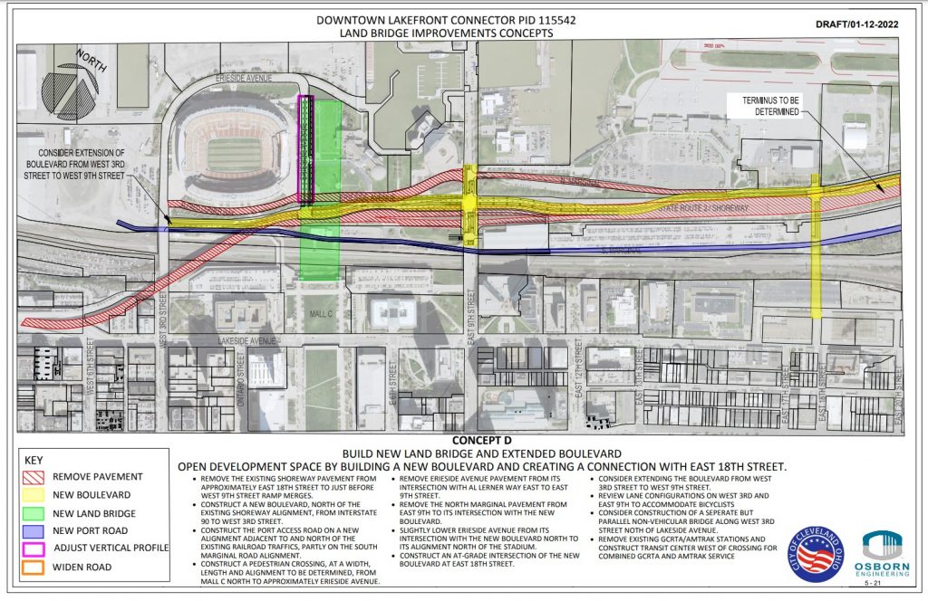 Landbridge Concept D removes the Shoreway and replaces it with a boulevard and extended East 18th Street.