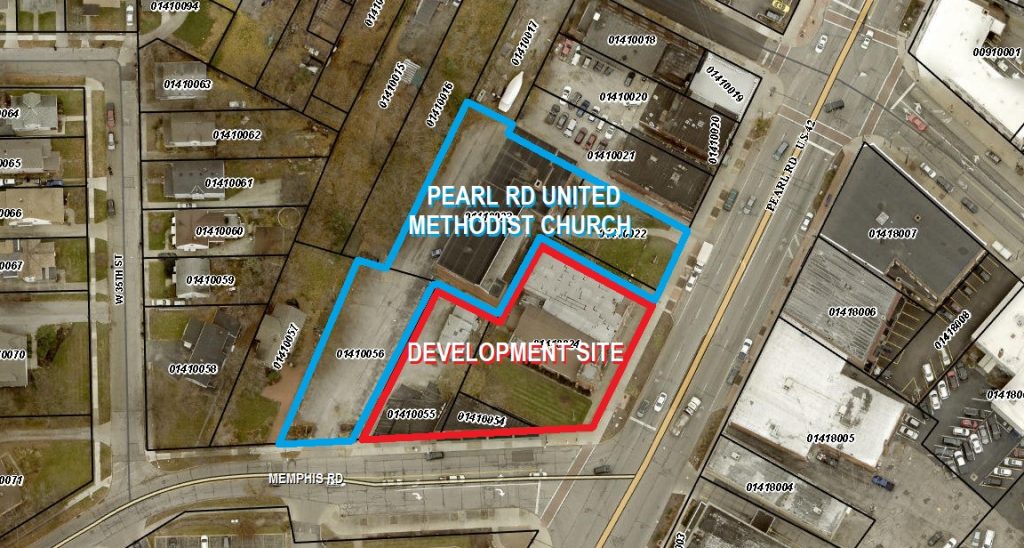 Map of the proposed development site at Pearl and Memphis roads in Cleveland's Old Brooklyn neighborhood.