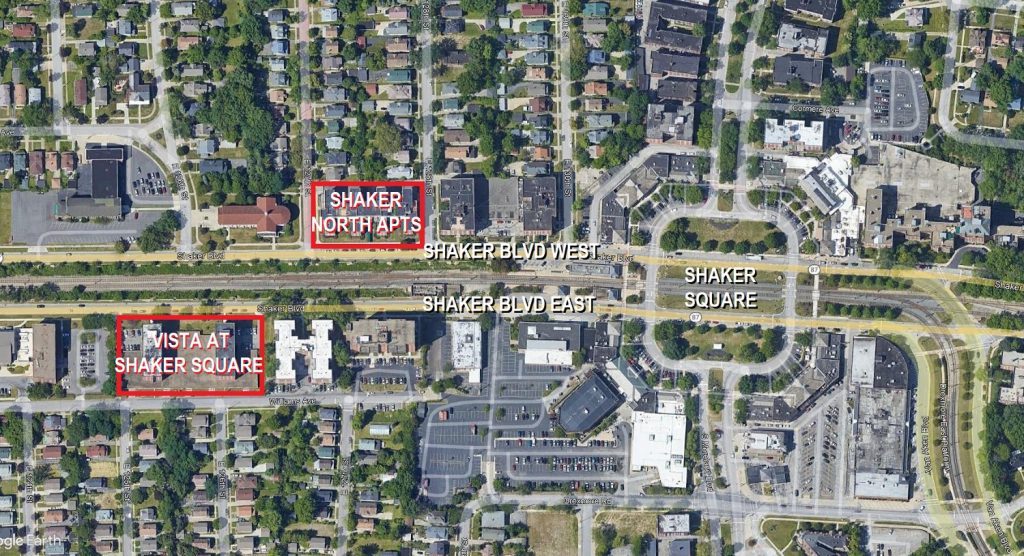 Location of The Vista At Shaker Square and the Shaker North Apartments are shown on this map.