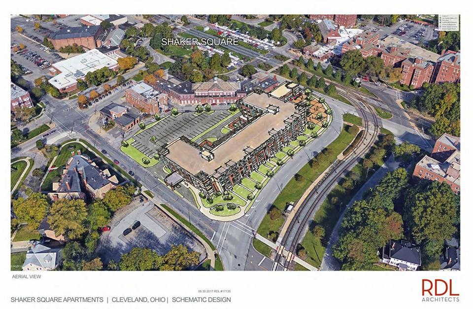 Aerial view of Shaker Square and a conceptual view of apartments planned next to it.
