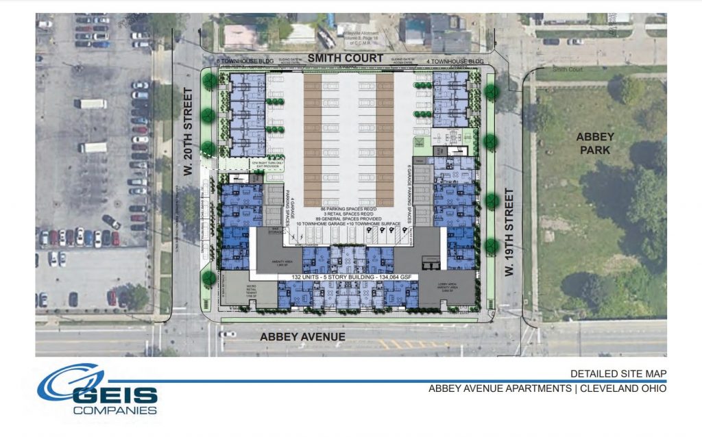 Site plan for the Abbey Avenue Apartments including 10 rental townhomes in Cleveland's Tremont Duck Island.