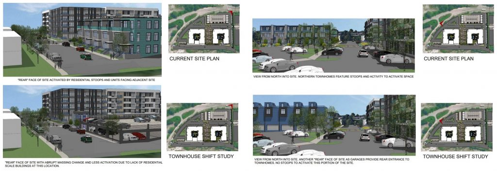 Study of relocating or shifting a group of five townhomes from one side of the parking deck to the other.