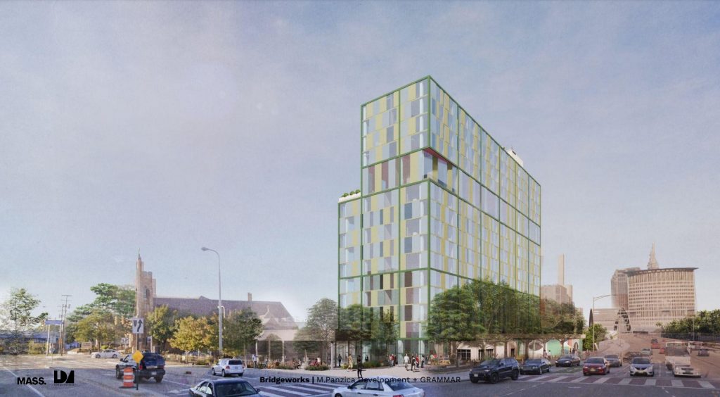Rendering of the Bridgeworks tower following its value-engineering into a less-costly project.