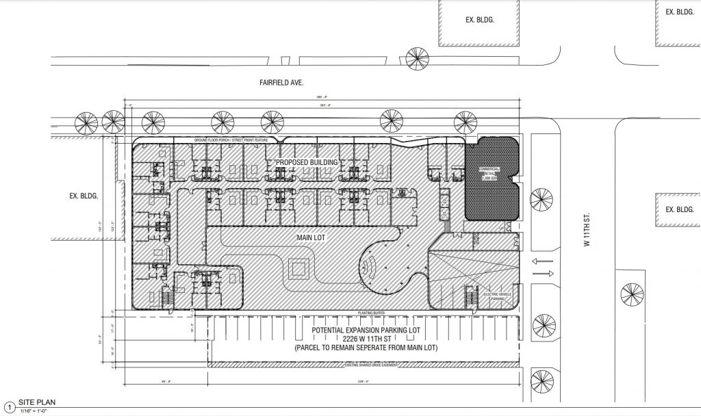 Site plan for the proposed Driftwood apartments with South Side across West 11th Street.