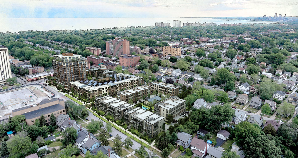 Aerial view of the former Lakewood Hospital site as a proposed mixed-use redevelopment by CASTO.